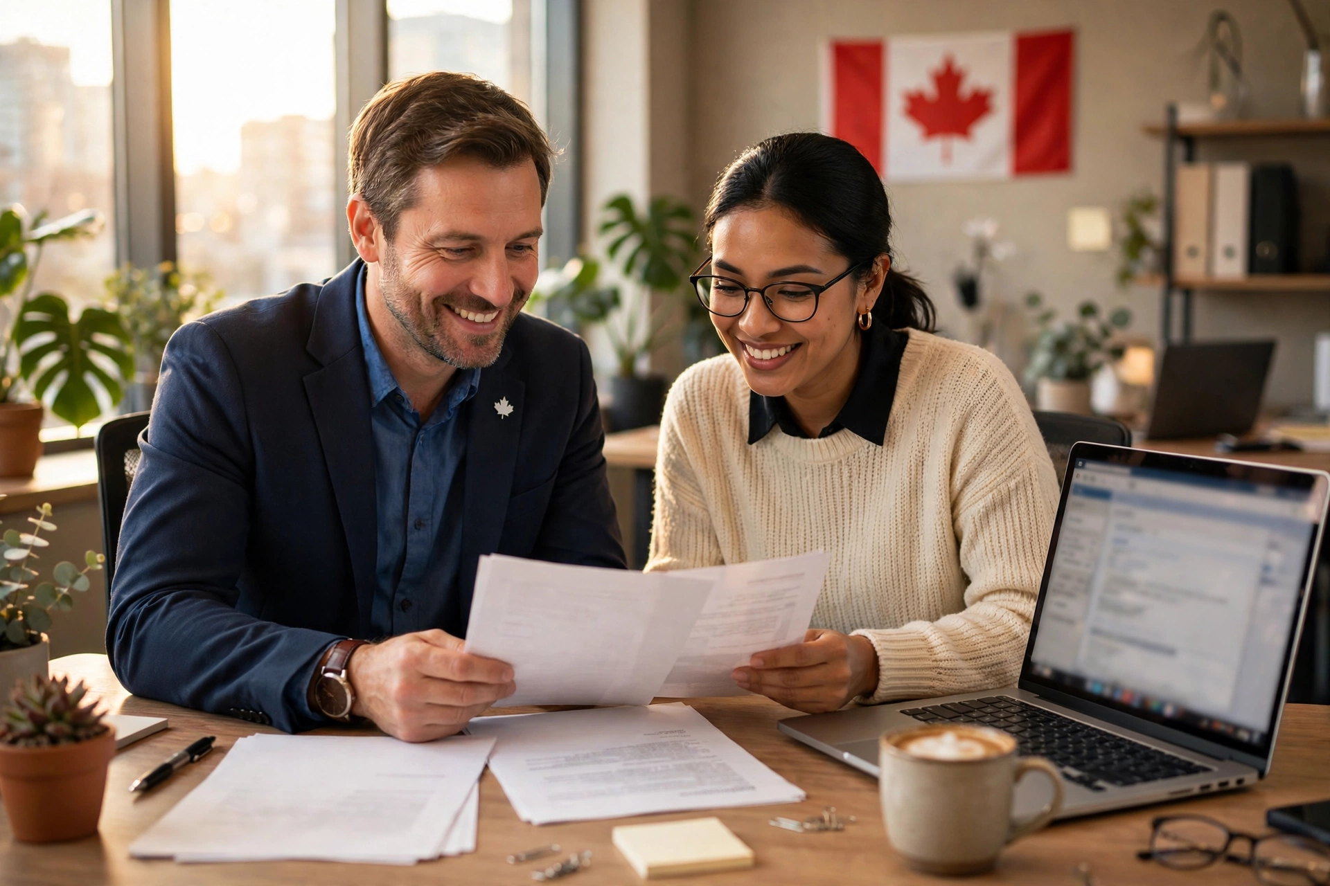 Employer and worker preparing an LMIA exempt work permit application through the IRCC Employer Portal in Canada