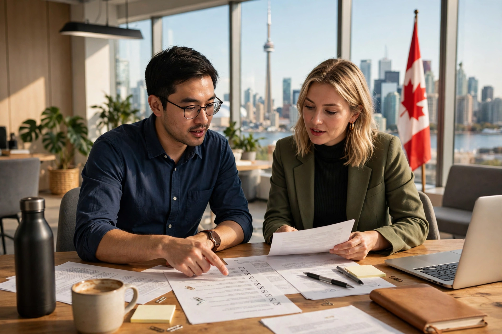 Professionals reviewing LMIA exemption codes and supporting evidence in a Canadian office