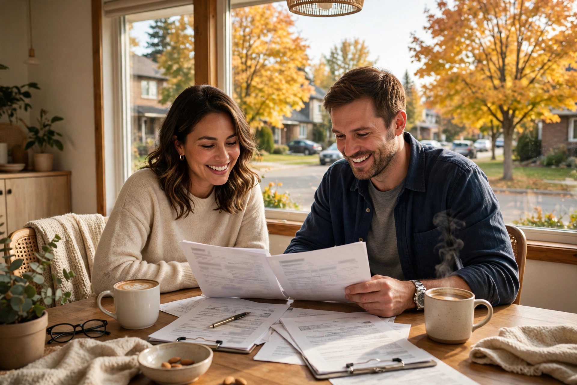 Worker and spouse reviewing permanent residence documents at home in Canada after an LMIA-exempt permit