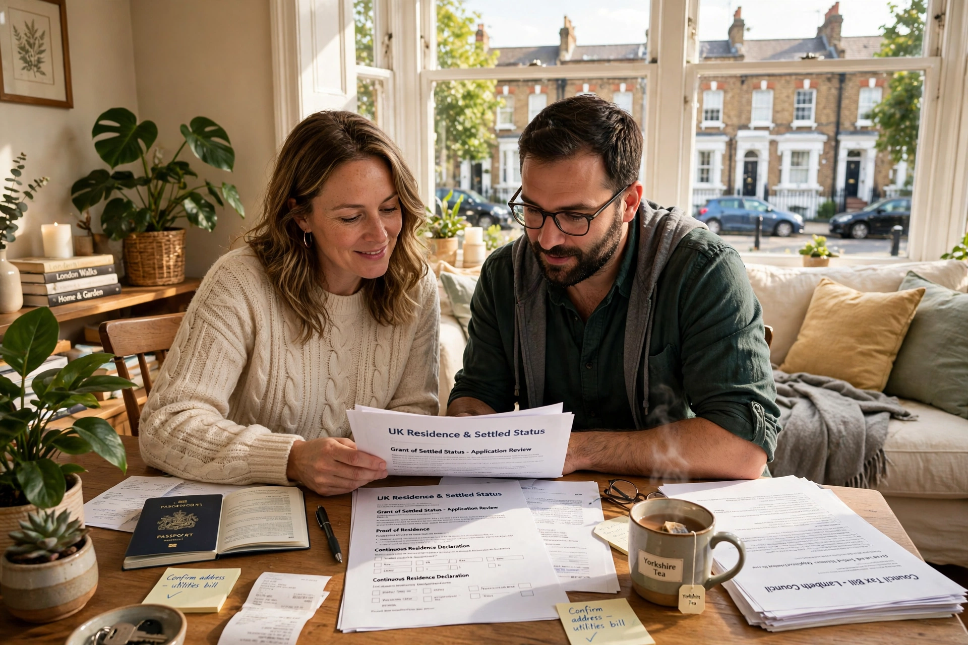 Worker and partner reviewing settlement documents at home in the UK on a route leading to Indefinite Leave to Remain
