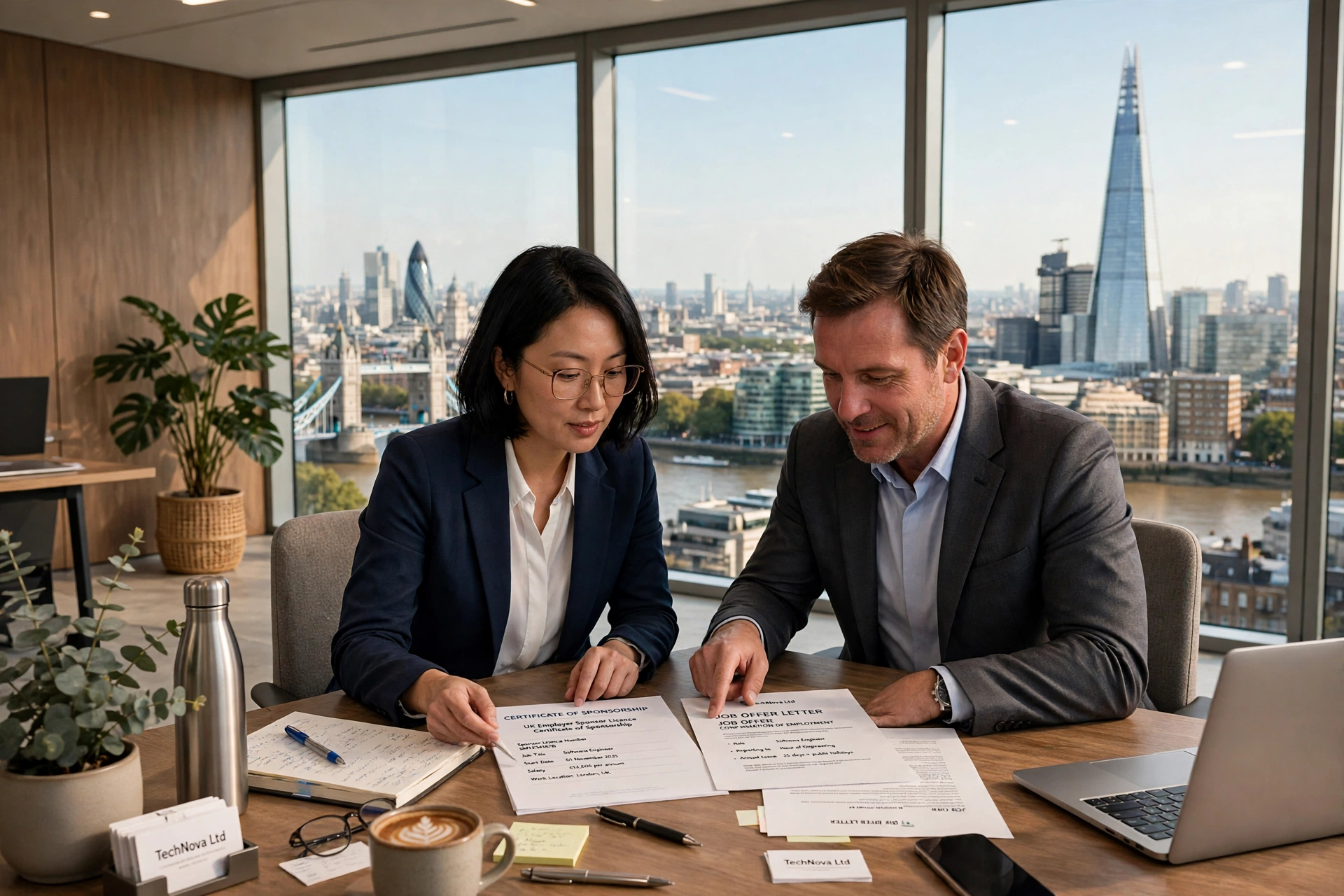 Skilled Worker visa applicant reviewing a Certificate of Sponsorship with a UK employer in a London office