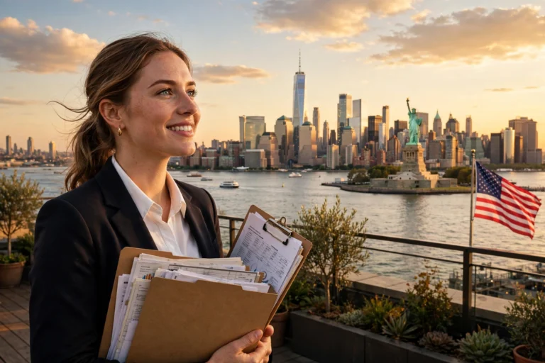 New York skyline and the Statue of Liberty, representing US work visa types for foreign professionals