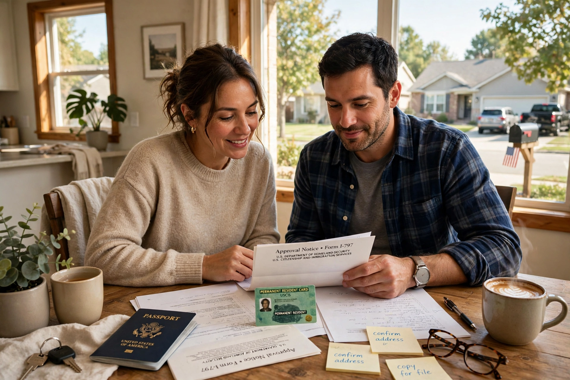 Worker and spouse reviewing green card documents at home in the US after a US work visa